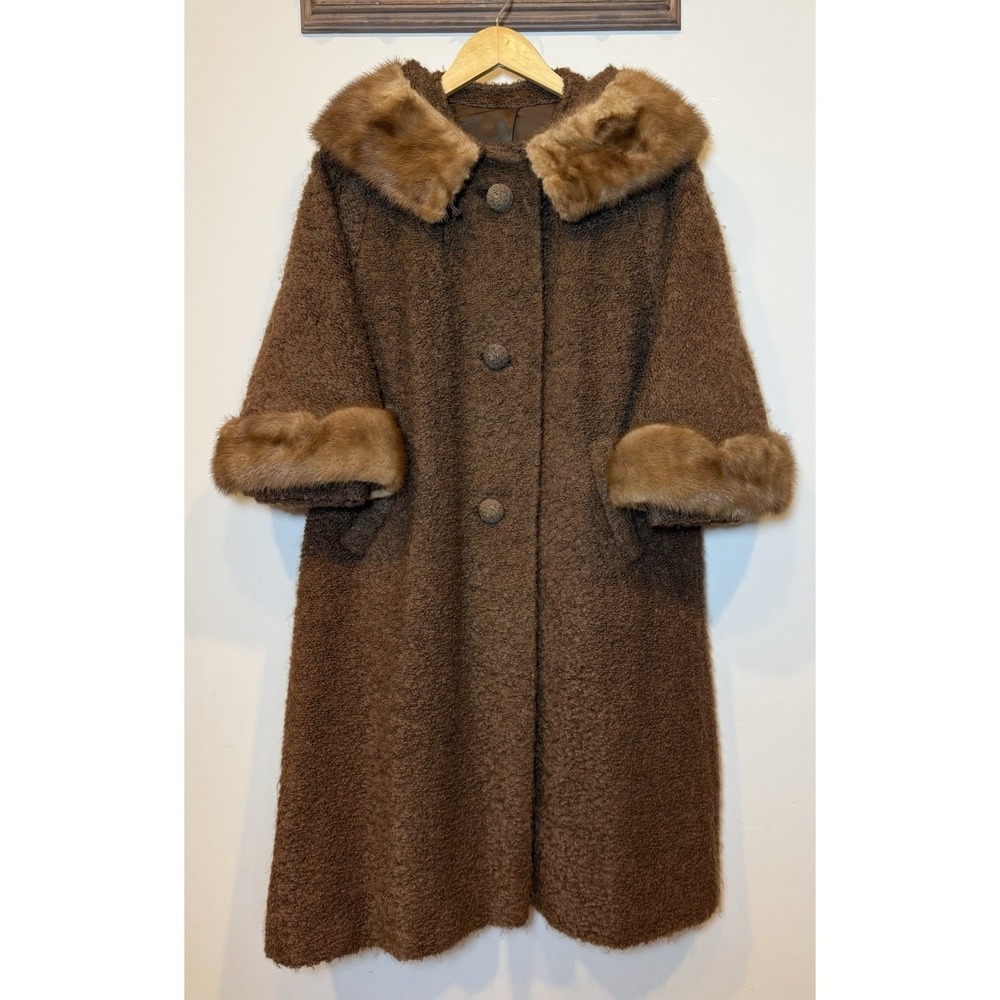 VTG MCM 1950s Lady Stanley Brown Berroco Bouclé Coat Real Fur Trim Collar Cuffs